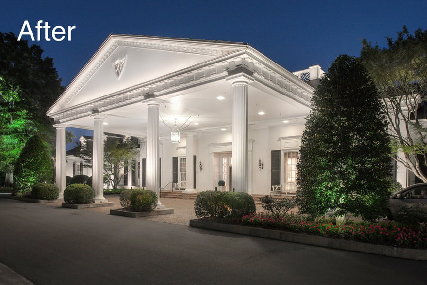 A large, white, columned building is illuminated at night with landscaped bushes; "After" is written in the top left corner.