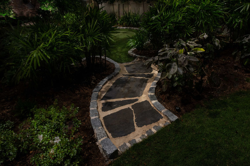 A dark stone pathway winds through dense, leafy plants in a garden at night, illuminated by subtle outdoor lighting.
