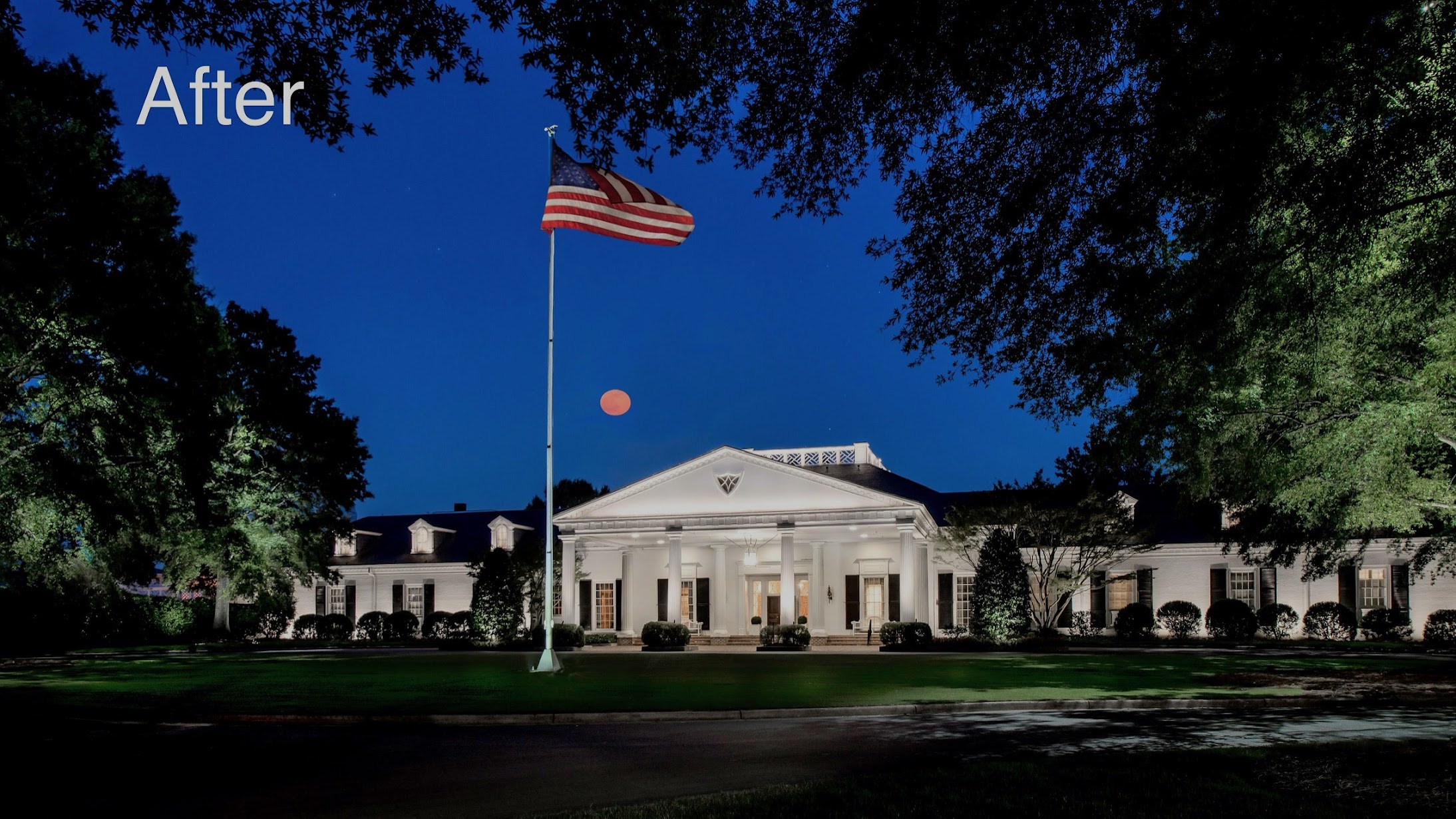 A large white building with columns is lit at night, an American flag on a tall pole in front, trees frame the scene, and a red moon is visible in the dark sky. "After" text is in the top left corner.